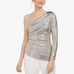 🔥Adrianna Papell Asymmetrical Hem One Shoulder Long Sleeve Metallic Blouse